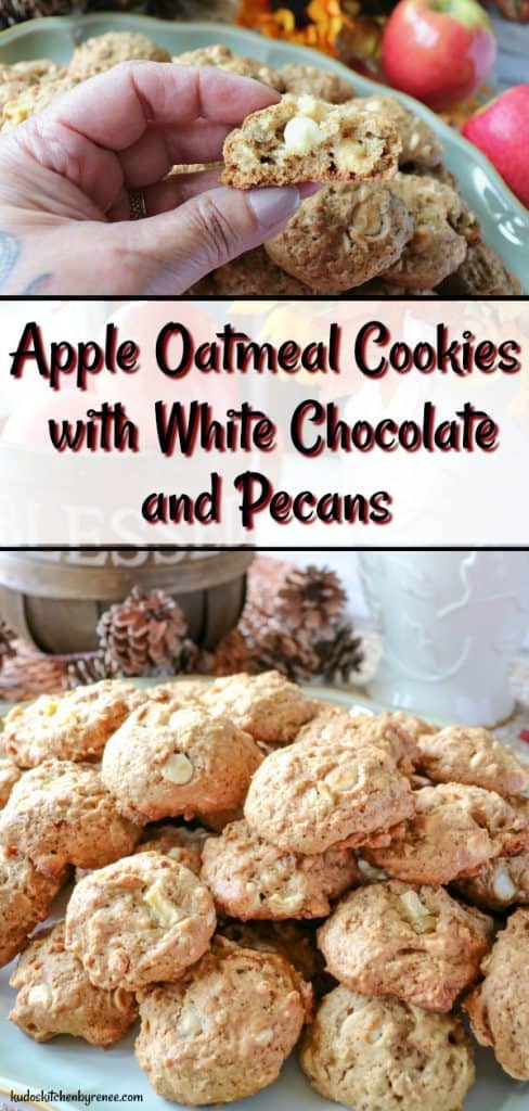 Vertical photo collage of Apple Oatmeal Cookies with title text overlay graphic in the center.