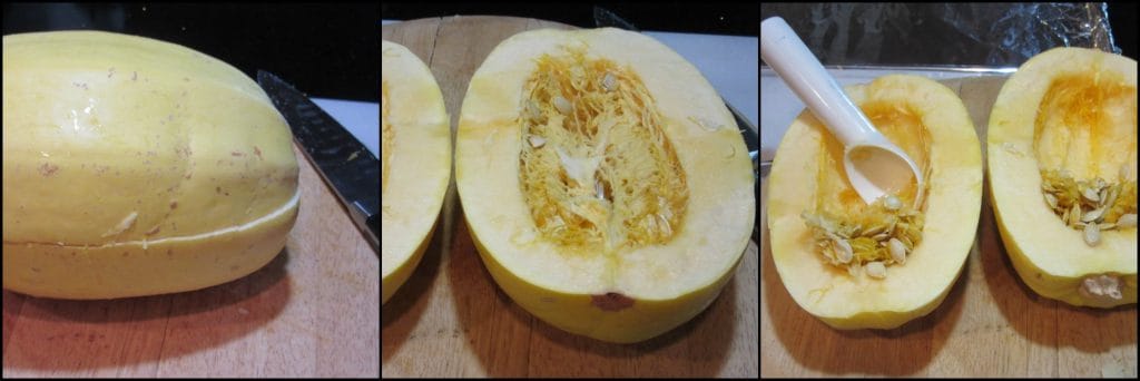 How to roast a spaghetti squash and scoop out the seeds.