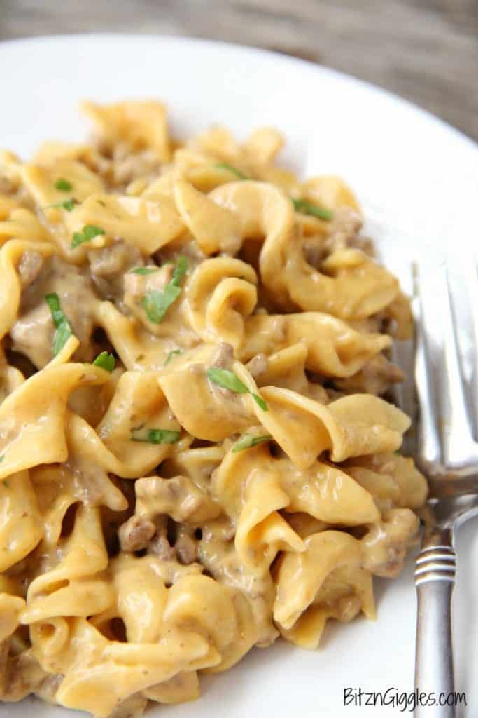 Easy Weeknight Dinner Recipes. Noodles and ground beef on a white plate with sauce.