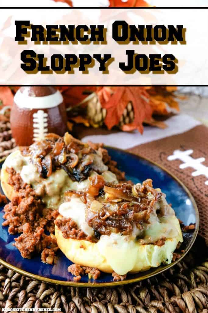 Title text image of French Onion Sloppy Joes on a blue plate with melted cheese.