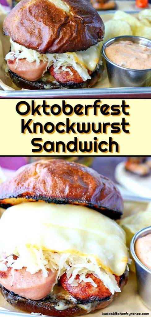 Vertical title text collage image of a knockwurst sandwich with melted Muenster cheese and sauerkraut.