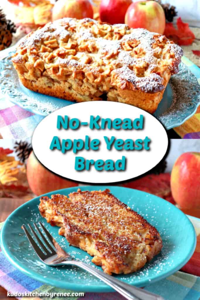 Photo collage with title text graphic of no knead apple yeast bread on a blue plate with apples in the background.