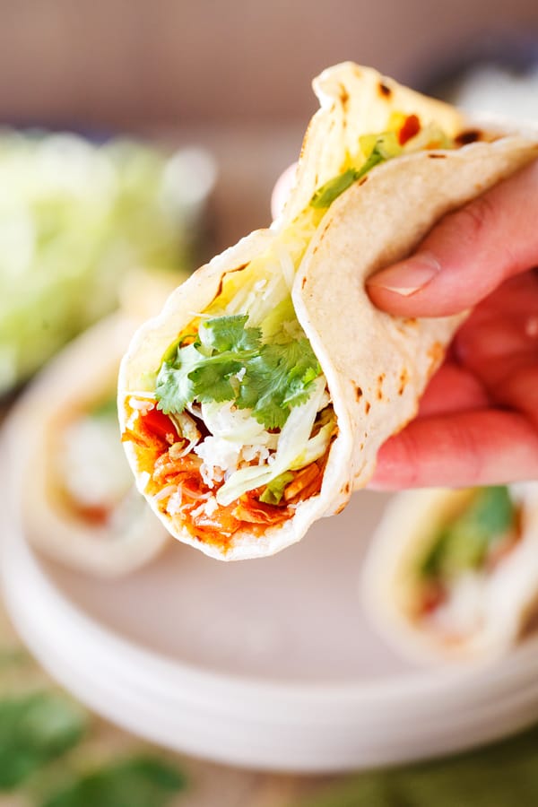 Easy Weeknight Dinner Recipes. A hand holding a soft shell taco.