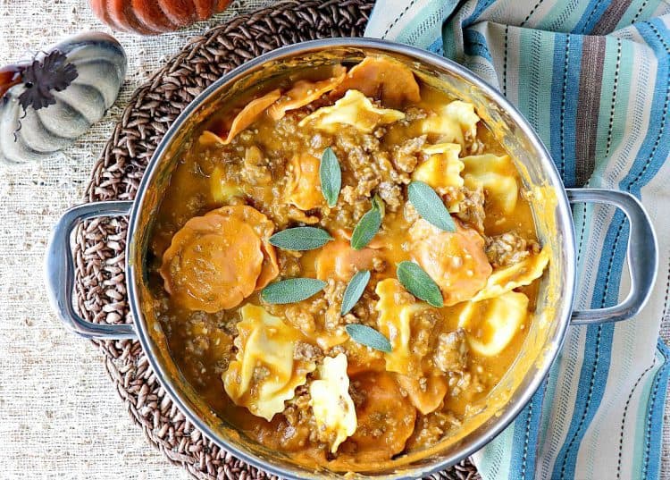 easy ravioli with pumpkin vodka sauce & sausage