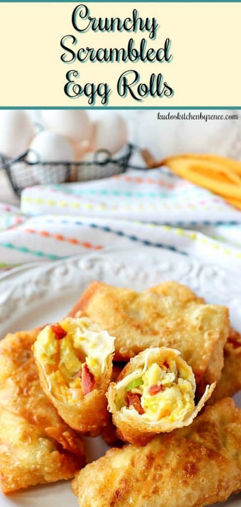 A vertical photo of Scrambled Egg Rolls on a plate with colorful napkins in the background.