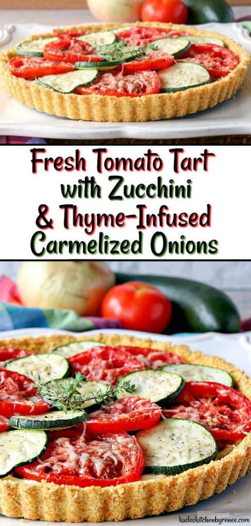 I'm not sure which part of this Fresh Tomato Tart I love the best! Is it the slices of garden fresh tomatoes and zucchini, the crunchy cornflake crust, or the layer of thyme-infused caramelized onions? - kudoskitchenbyrenee.com