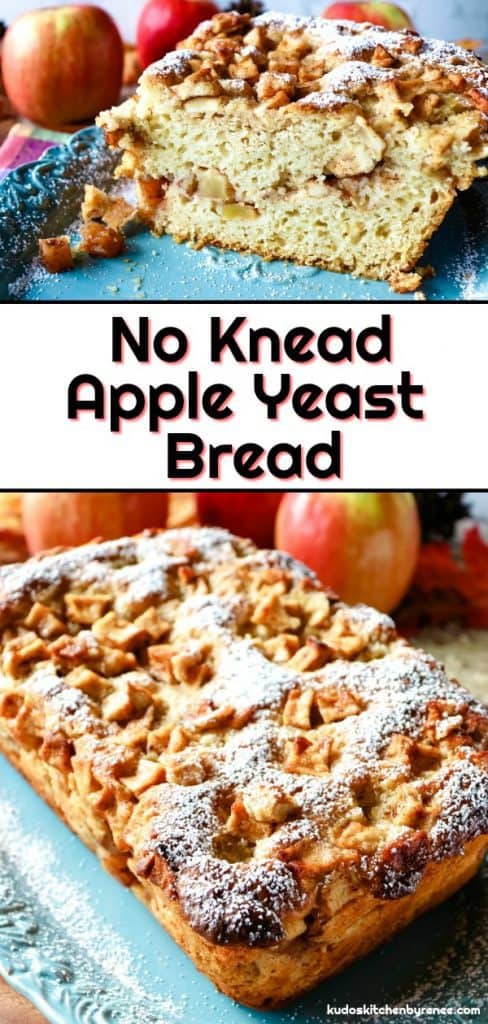 A photo collage of apple yeast bread on a blue platter with chunks of apple and a confectioners sugar dusting.