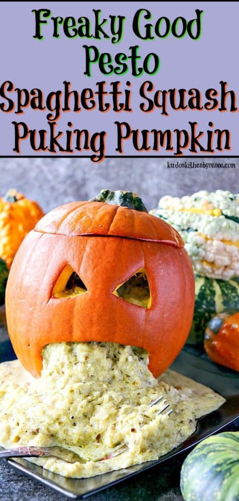 Vertical title text image of a puking pumpkin with basil pesto vomit for Halloween.