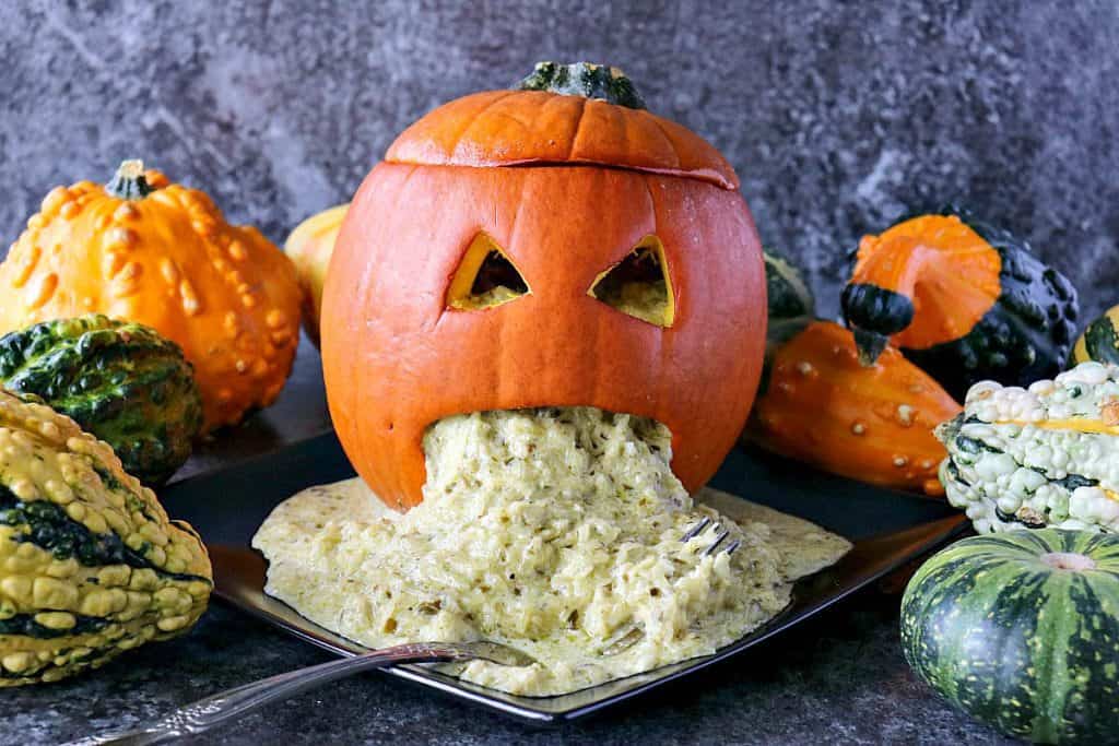 Freaky Good Pesto Spaghetti Squash Puking Pumpkin for Halloween - kudoskitchenbyrenee.com