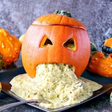 Freaky Good Pesto Spaghetti Squash Puking Pumpkin for Halloween - kudoskitchenbyrenee.com