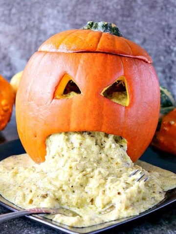 Freaky Good Pesto Spaghetti Squash Puking Pumpkin for Halloween - kudoskitchenbyrenee.com