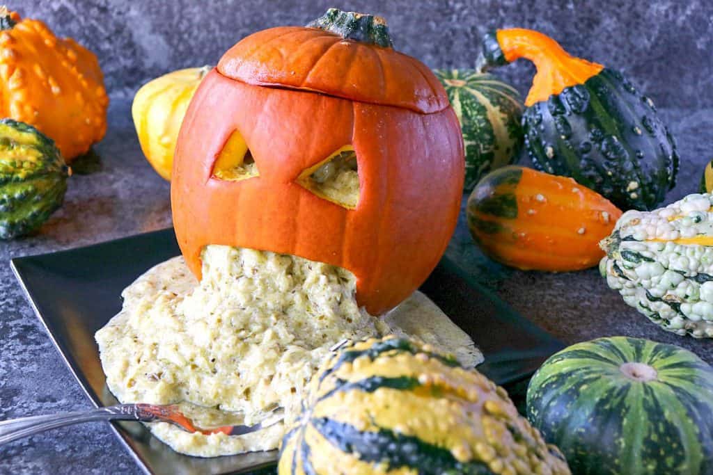From looking at it, you might not think this Pesto Spaghetti Squash Puking Pumpkin is very crave-worthy until you take your first bite! Then all bets are off, and you just might eat yourself sick! LOL, Sorry! - kudoskitchenbyrenee.com Freaky Good Pesto Spaghetti Squash Puking Pumpkin for Halloween - kudoskitchenbyrenee.com