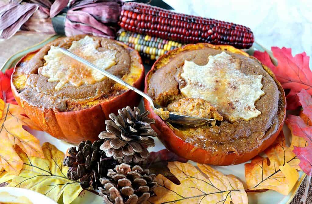 Rustic Pilgrim Pumpkin Pie Baked in a Pumpkin - kudoskitchenbyrenee.com