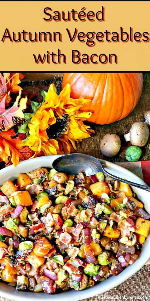 An overhead photo of a colorful vegetable side dish of Brussels sprouts, bacon, butternut squash and mushrooms with a large serving spoon.