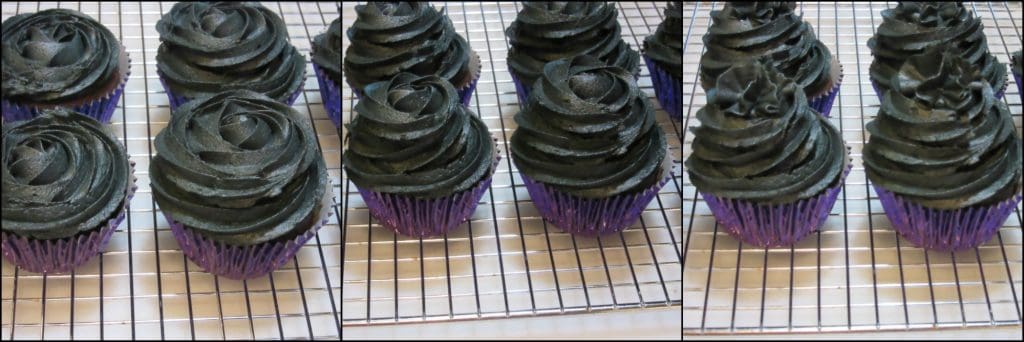 Frosting on cupcakes for batwing cupcakes.