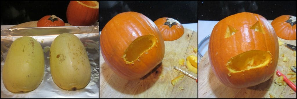 How to make a puking pumpkin with basil pesto spaghetti squash for Halloween.