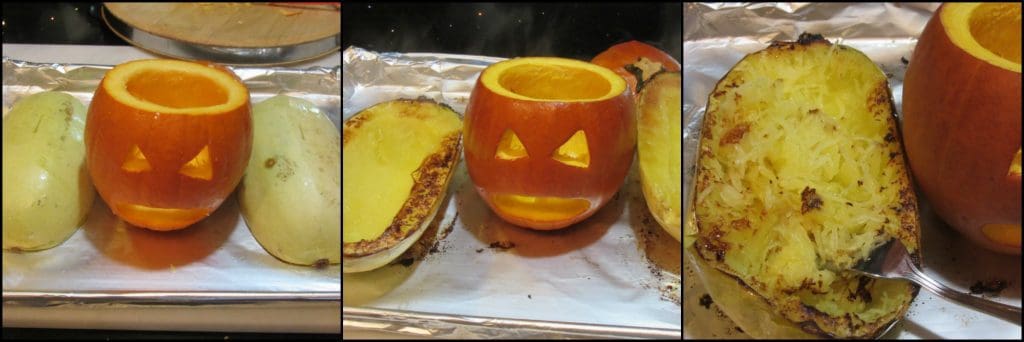 How to make a puking pumpkin with basil pesto spaghetti squash for Halloween.