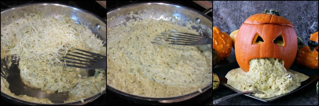 How to make a puking pumpkin with basil pesto spaghetti squash for Halloween.