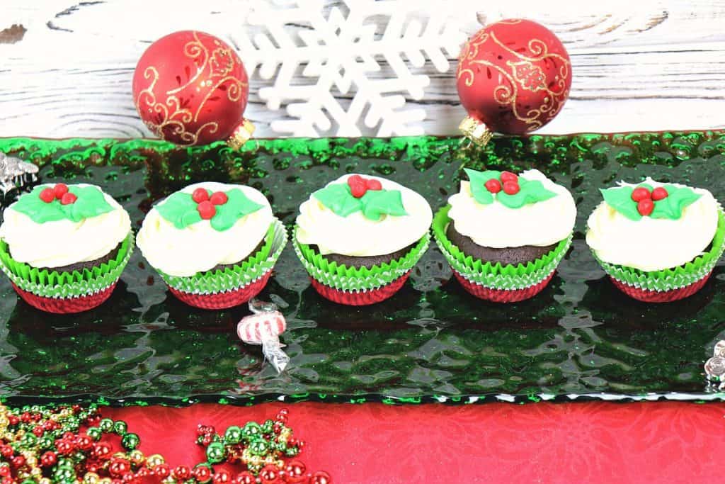 Festive Holly Berry Chocolate Peppermint Cupcakes with Peppermint Buttercream Frosting - kudoskitchenbyrenee.com