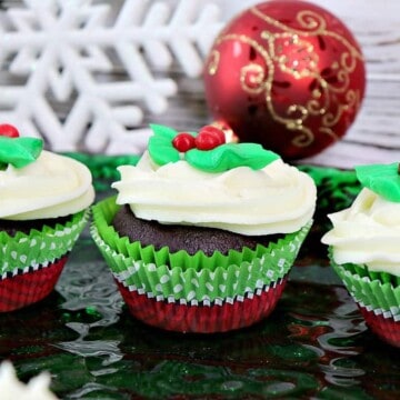 Festive Holly Berry Chocolate Peppermint Cupcakes with Peppermint Buttercream Frosting - kudoskitchenbyrenee.com