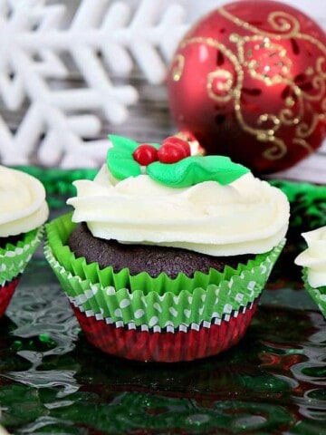 Festive Holly Berry Chocolate Peppermint Cupcakes with Peppermint Buttercream Frosting - kudoskitchenbyrenee.com