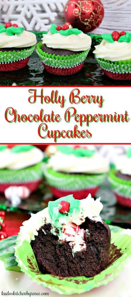 These festive and charming Holly Berry Chocolate Peppermint Cupcakes are sure to be a hit with your family and friends! - kudoskitchenbyrenee.com @kudoskitchen