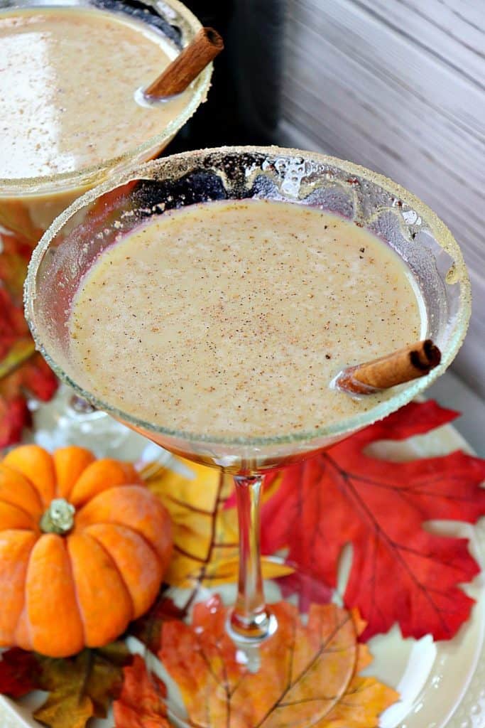 Closeup and overhead shot of two Pumpkin Spice Martinis with cinnamon sticks, autumn leaves and mini pumpkins.
