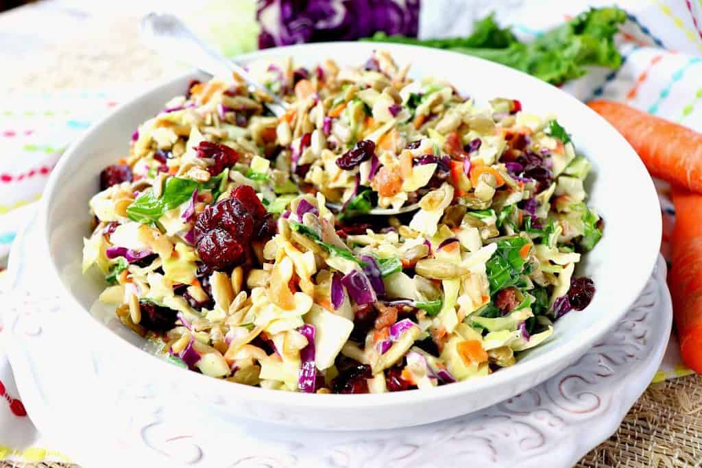 A horizontal photo of and extra colorful coleslaw with red, purple, orange, and greens in a white bowl.