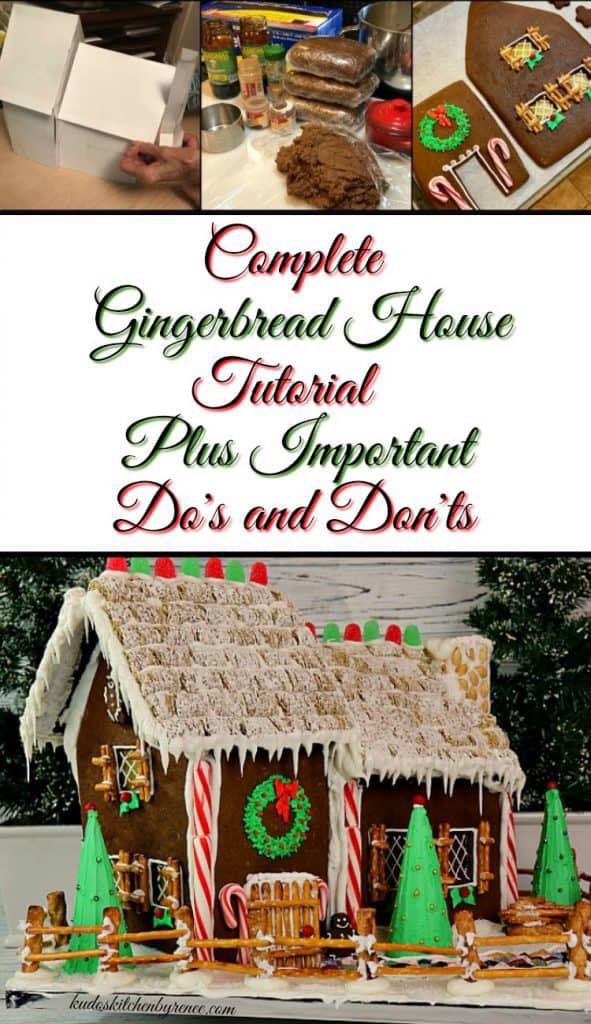 How to make a decorated gingerbread house with sugar cone pine trees, gumdrop roof, pretzel fence, and peanut chimney. - kudoskitchenbyrenee.com