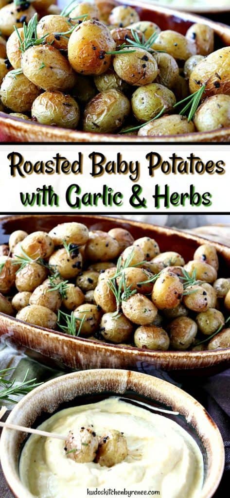 Vertical title text collage images of roasted baby potatoes with garlic fresh rosemary.