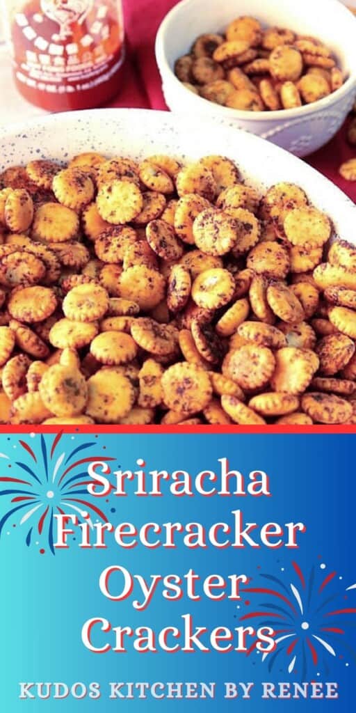 A Pinterest pin image for Sriracha Firecracker Oyster Crackers along with a title text.