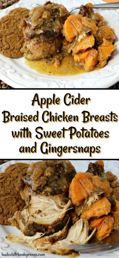 Worried that your chicken breasts are always dry and boring? No longer. These fork-tender Apple Cider Braised Chicken Breasts with Sweet Potatoes and Gingersnaps are anything but dry and boring! - kudoskitchenbyrenee.com