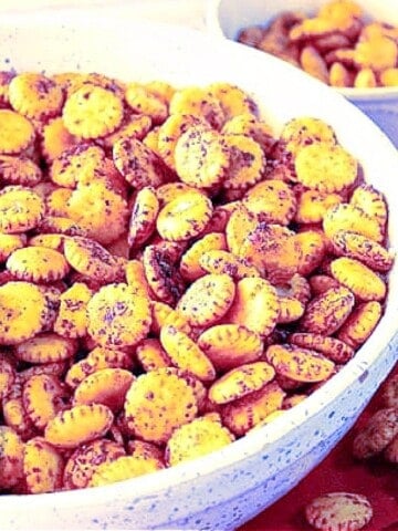 A large bowl filled with Sriracha Firecracker Snackers.