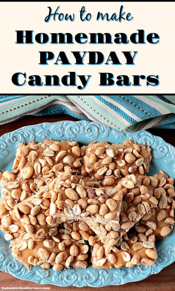 Vertical Title Text image of homemade payday candy bars on a blue plate.