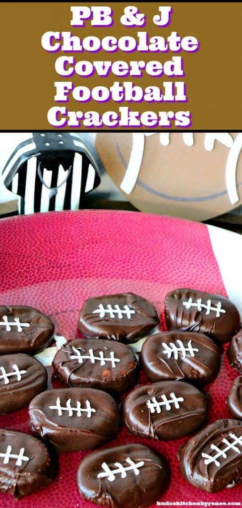 A vertical closeup photo of Peanut Butter and Jelly Chocolate Footballs with a title text overlay graphic
