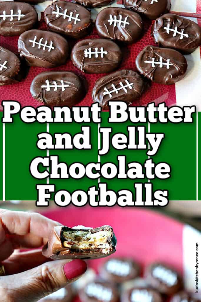 A photo collage of Peanut Butter and Jelly Chocolate Footballs with a title text overlay graphic in the center.