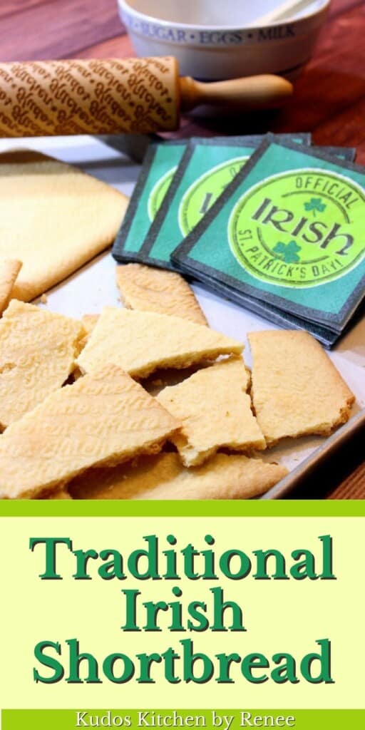 Baked and broken Traditional Irish Shortbread Cookies with a rolling pin and napkins in the background.