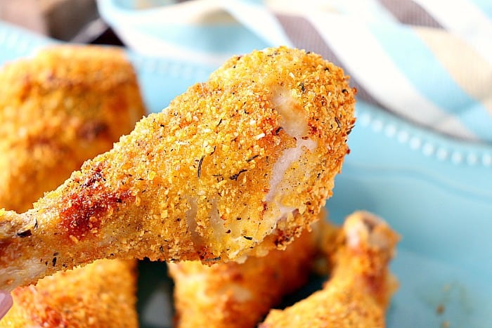 Closeup of Air Fryer Chicken Drumstick with cornflakes and seasonings