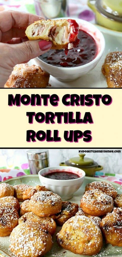 A vertical title text collage image of monte cristo appetizer roll-up dipped in raspberry jam.