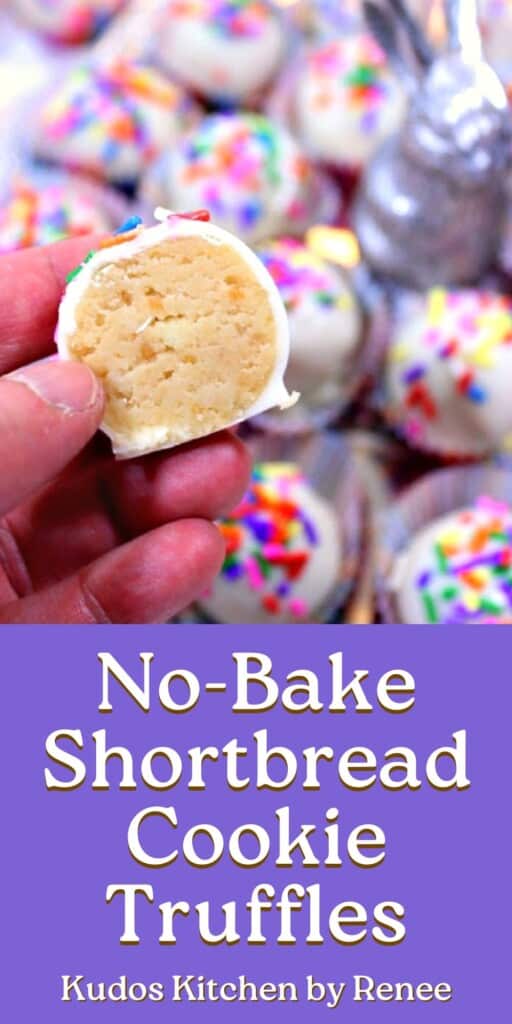 A Pinterest image of colorful No-Bake Shortbread Truffles with a title text.