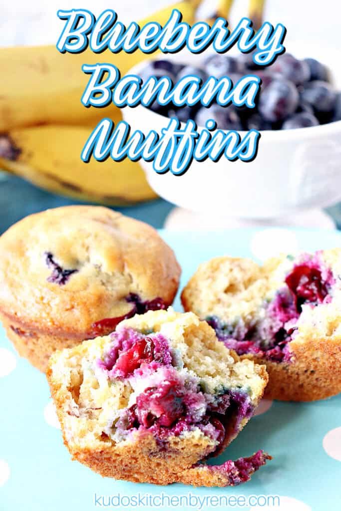 A closeup vertical image of a couple of Blueberry Banana Muffins on a plate with bananas and blueberries in the background.