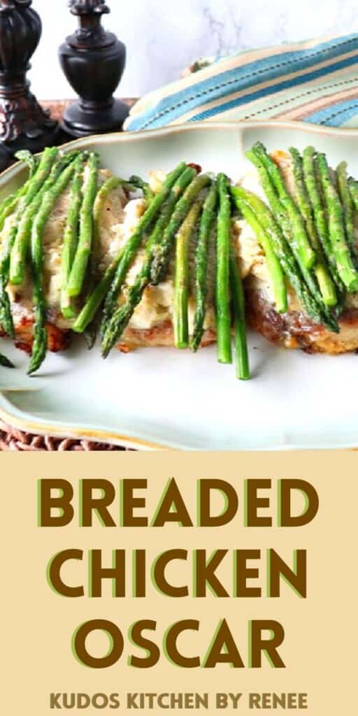 A Pinterest image with title text for Breaded Chicken Oscar.
