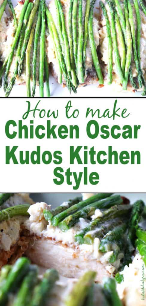 Chicken Oscar photo collage with asparagus and crab meat along with a title text overlay graphic