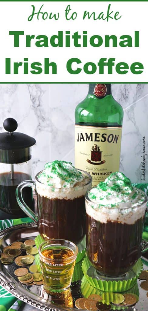 Title Text vertical image of two mugs of Irish coffee on a silver tray with a shot of Irish whiskey in the foreground and a bottle in the background.