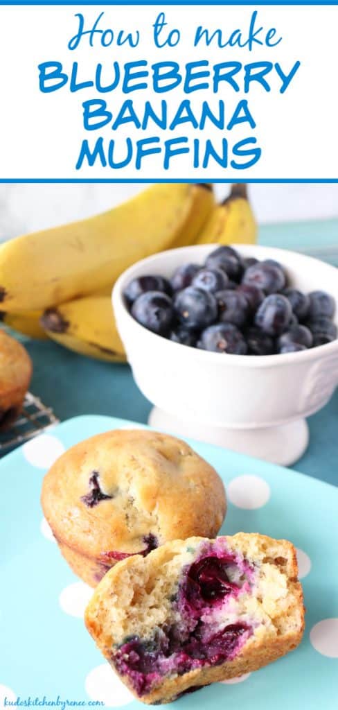 Long vertical picture of a blueberry muffin with a bowl of blueberries and a bunch of bananas in the background