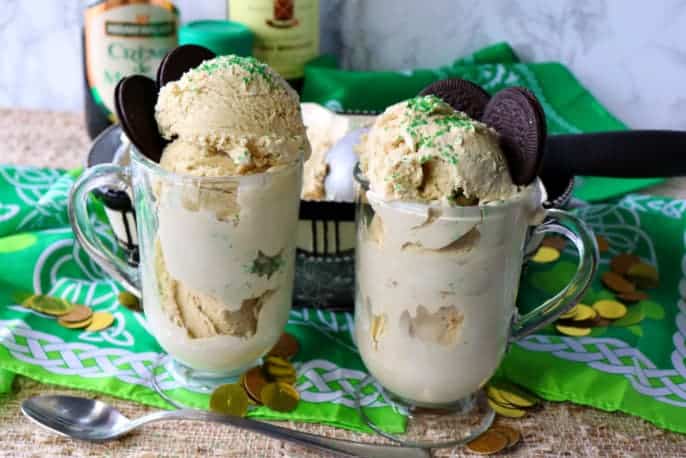 Two glasses of Irish coffee no-churn ice cream with cookies and green sprinkles.