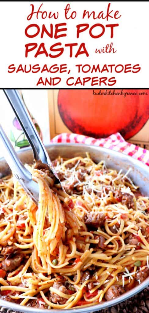 Long Vertical Title Text Image of pasta in a pot being lifted with tongs.