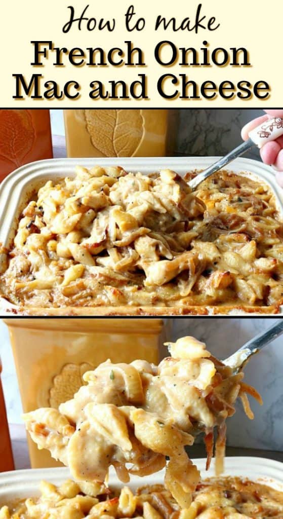 Title text vertical collage of French onion Mac and cheese