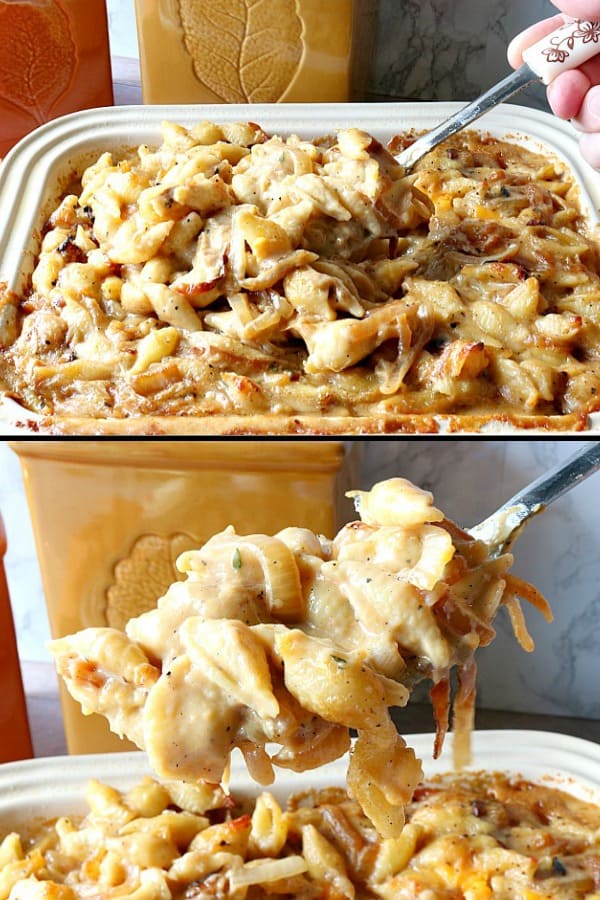 Vertical photo collage of a casserole dish loaded with macaroni and cheese with caramelized onions.