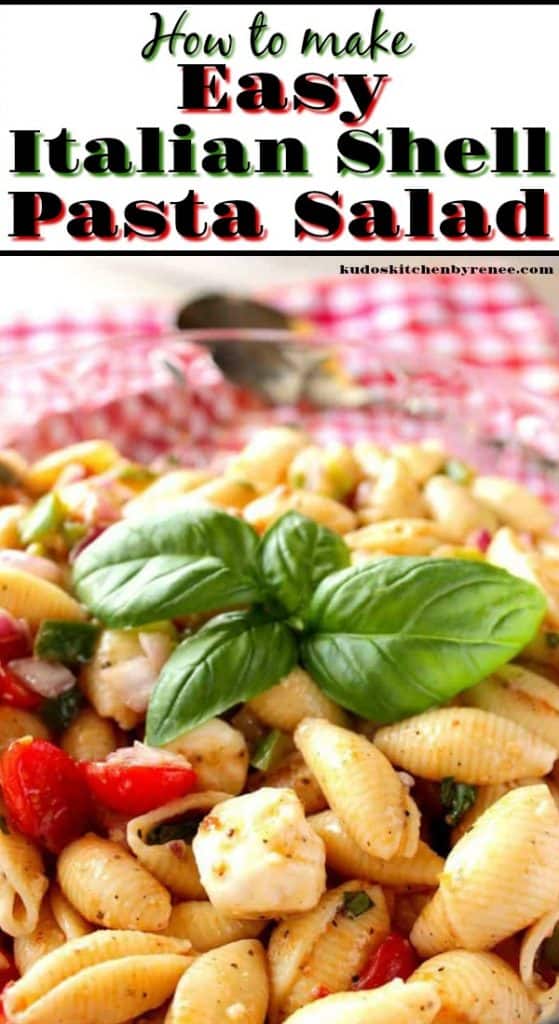 Closeup photo of shell pasta salad and fresh basil leaves with a title text overlay.